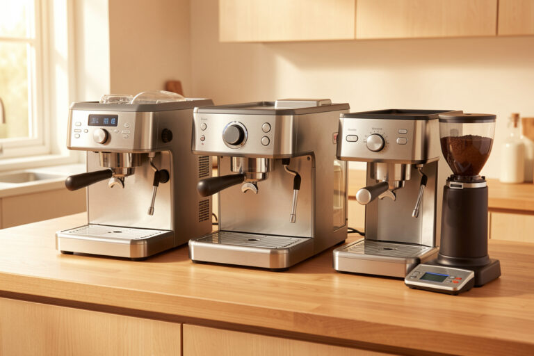 Three home espresso machines and a burr grinder lined up on one kitchen counter