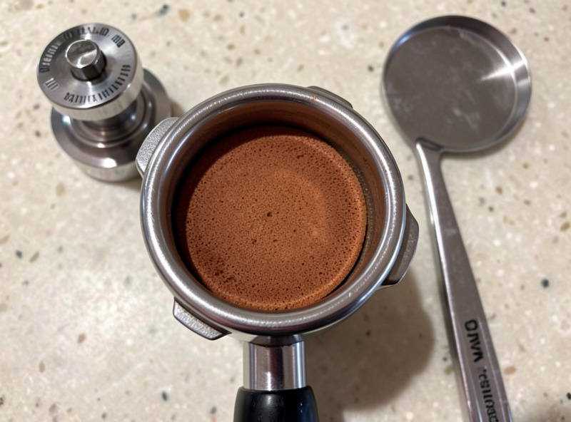 58mm bottomless portafilter packed with a prepped espresso puck next to a WDT tool and calibrated tamper