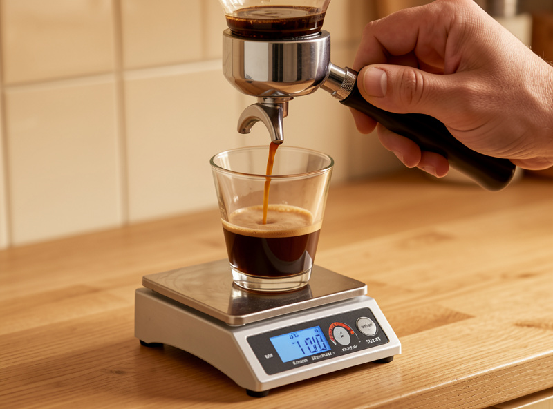 Espresso pouring into a glass on a 0.1 gram bench scale showing dose and yield during a dial-in