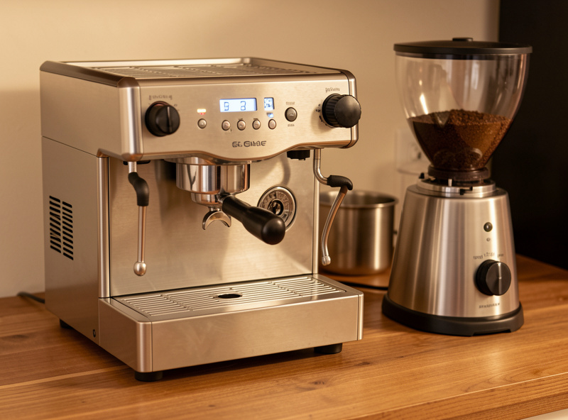 Gaggia Classic Pro espresso machine on a kitchen counter with a 58mm bottomless portafilter and a burr grinder beside it