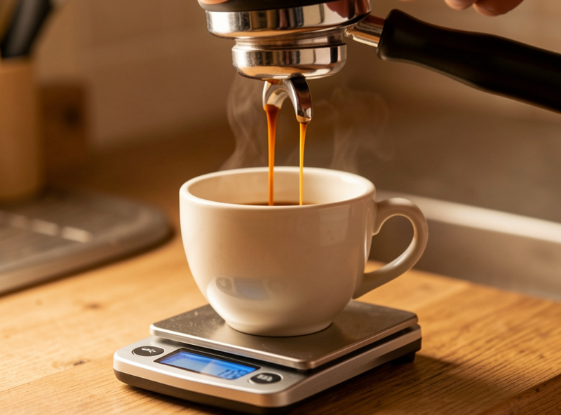Espresso pouring from a bottomless portafilter on a Gaggia Classic Pro into a cup on a bench scale