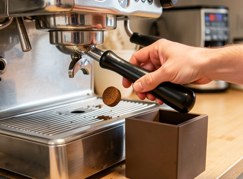 Knocking a spent espresso puck out of a portafilter into a knock box beside the machine