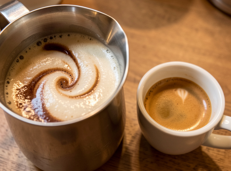 Glossy microfoam being swirled in a stainless pitcher next to a cup of espresso ready for latte art