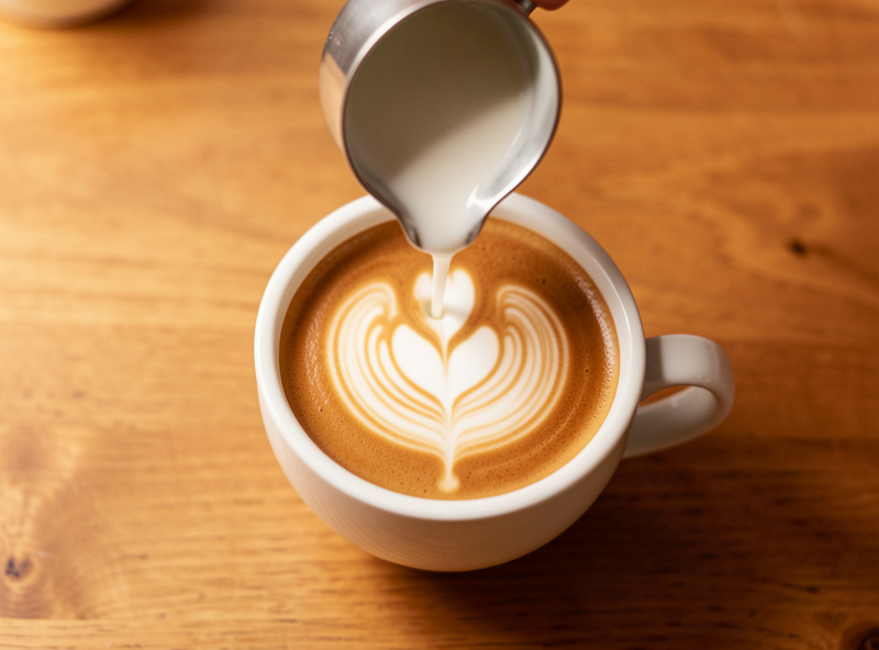 Pouring microfoam close to the surface of an espresso to float a white latte art pattern in a rounded cup