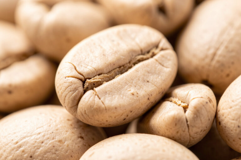 Pale dense light roast espresso beans showing tight nut-like structure