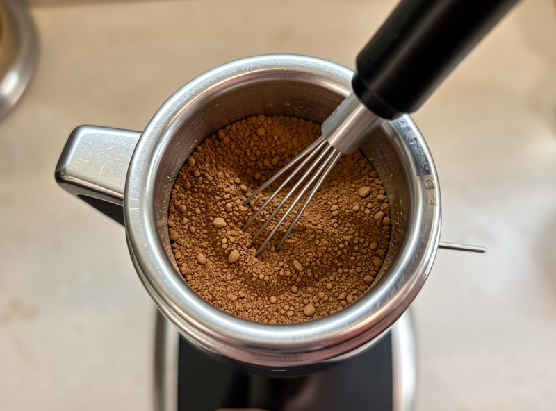 A WDT tool stirring fine light roast espresso grounds in a portafilter basket
