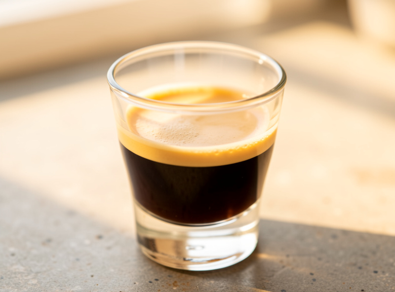 A bright, juicy light roast espresso shot in a clear glass showing thin pale crema