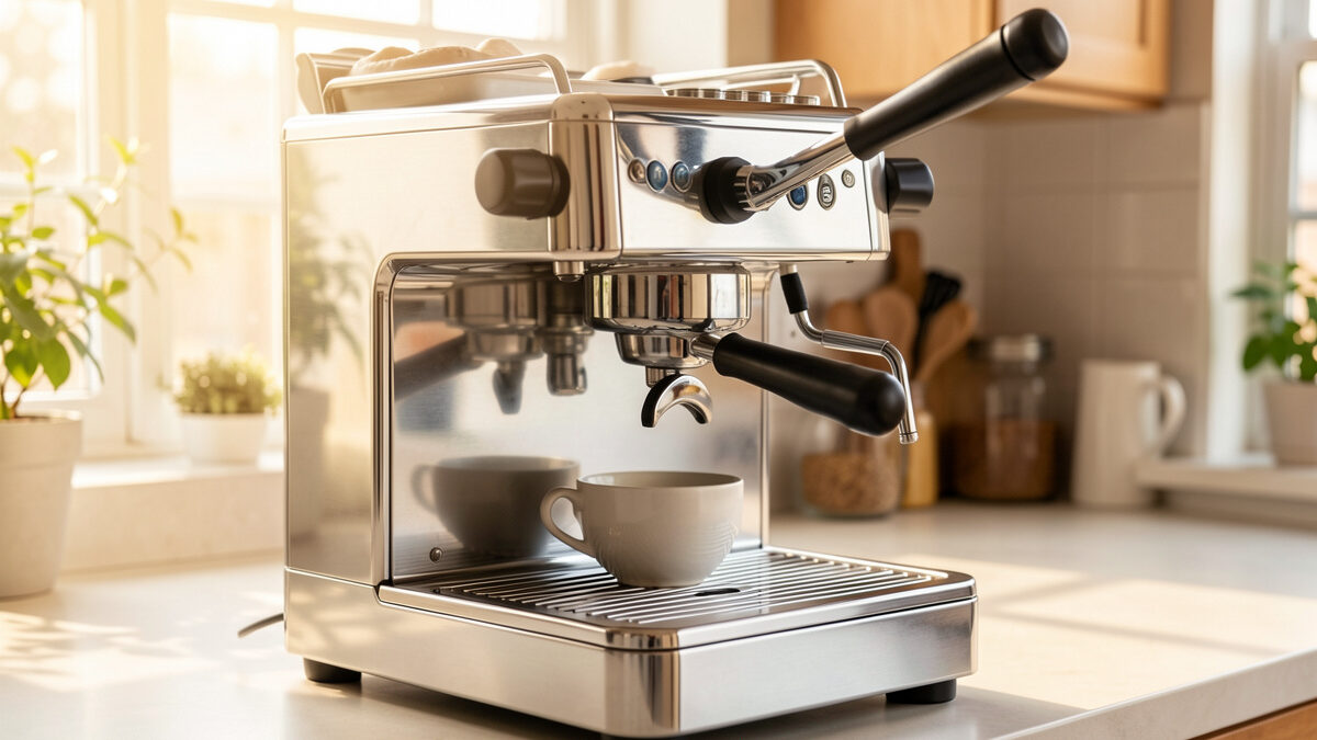 Manual spring-lever espresso machine on a home counter with the lever arm raised mid-pull