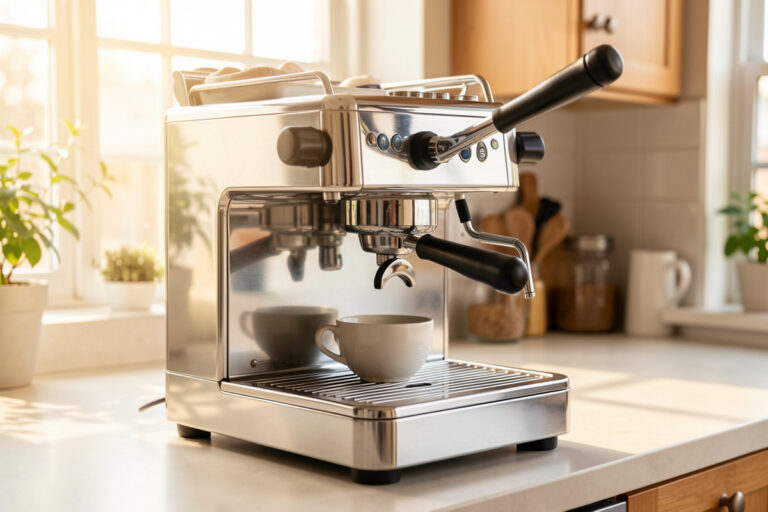 Manual spring-lever espresso machine on a home counter with the lever arm raised mid-pull