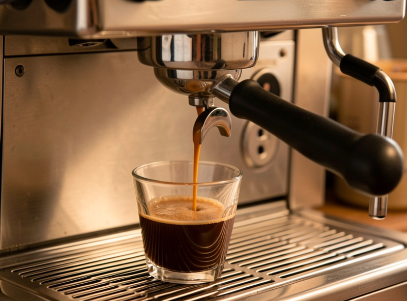 Manual spring-lever espresso machine on a home counter mid-pull, lever arm raised, shot pouring from a bottomless portafilter