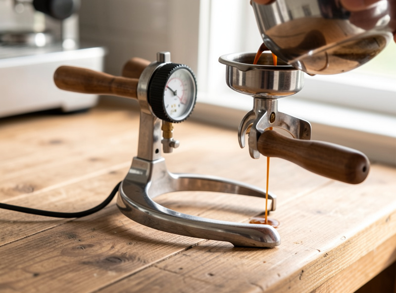 Close-up of a direct-lever espresso press with a pressure gauge and a bottomless portafilter showing an even pour