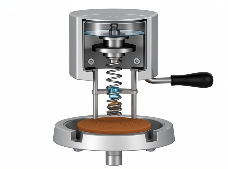 Spring-lever espresso group cut away to show the piston, spring and chamber above the coffee puck during a pull