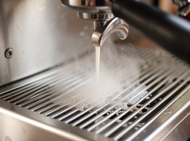 Steam wand purging a burst of dry steam over a drip tray before steaming milk on a single-boiler espresso machine