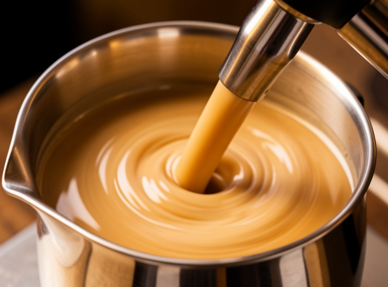 Milk forming a fast glossy whirlpool in a stainless pitcher held at an angle against the steam wand of a single-boiler machine
