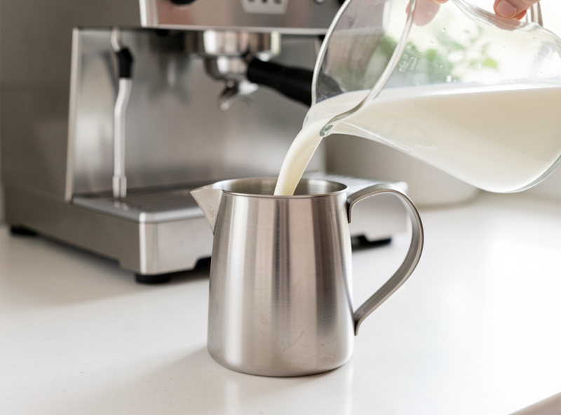Stainless steel milk pitcher being filled with cold milk to the base of the spout next to an espresso machine