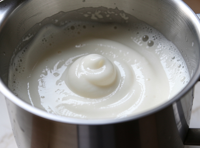 Close-up of glossy microfoam milk being swirled in a stainless pitcher showing a wet-paint sheen
