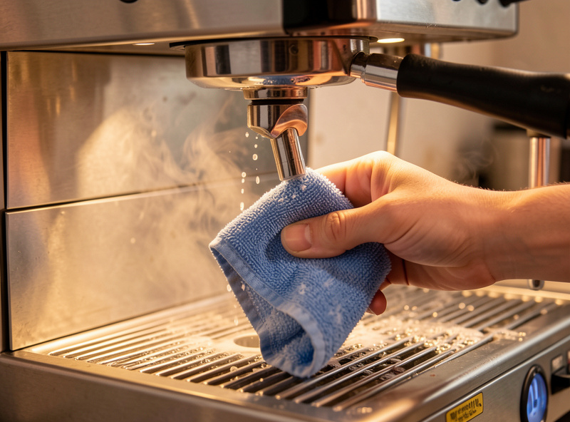 Steam wand being wiped with a damp microfibre cloth after steaming milk on an espresso machine