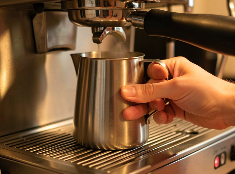 A hand wrapped around the base of a stainless milk pitcher judging temperature by feel during steaming