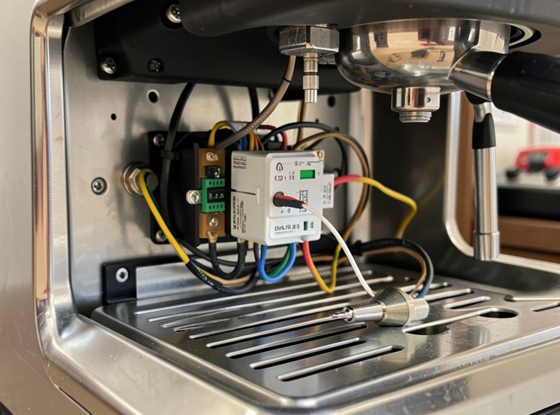 A PID controller module and wiring being installed inside an opened espresso machine