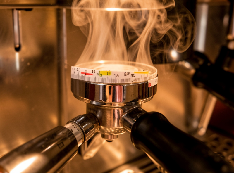 A thermometer strip on an espresso machine group head with steam rising