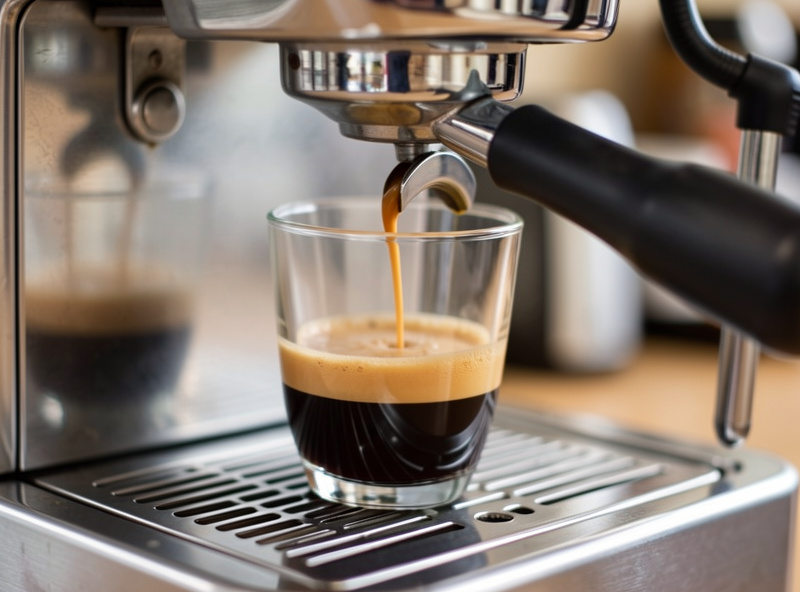 An espresso shot pulling into a glass on a single boiler machine with crema forming