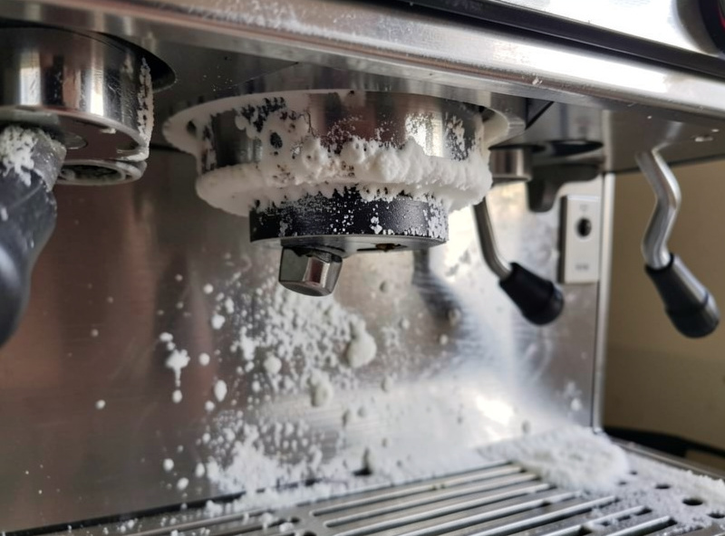 White chalky scale deposits visible inside an opened espresso machine boiler and on the heating element