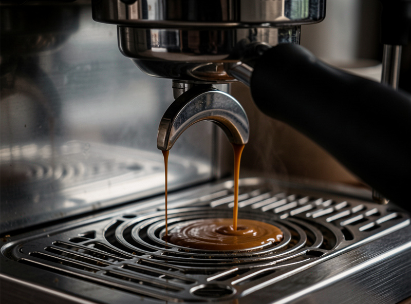 Weak slow espresso flow from a group head showing reduced pressure from internal scale