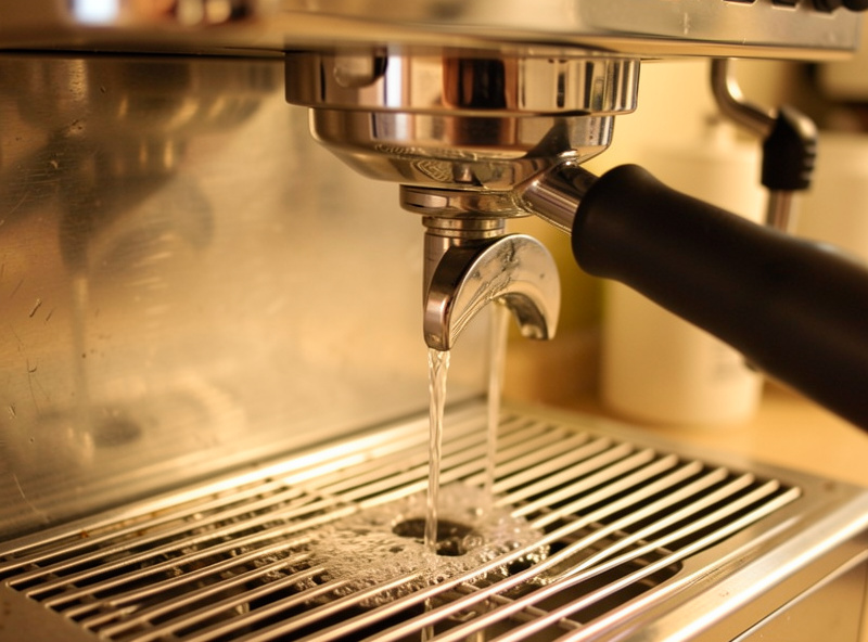 Water running from the group of an E61 heat-exchanger machine during a cooling flush before a shot