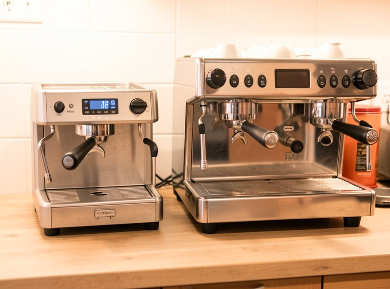 A single-boiler espresso machine beside an E61 heat-exchanger machine on one kitchen counter
