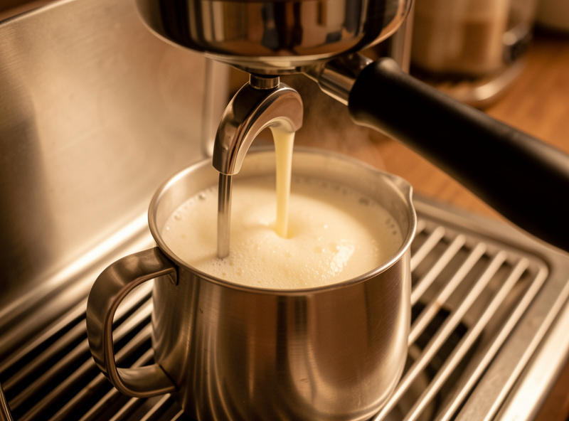 Steam wand frothing milk in a pitcher on a heat-exchanger espresso machine