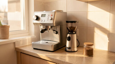 Compact espresso machine and single-dose grinder in a small kitchen