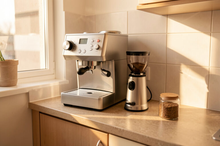 Compact espresso machine and single-dose grinder in a small kitchen