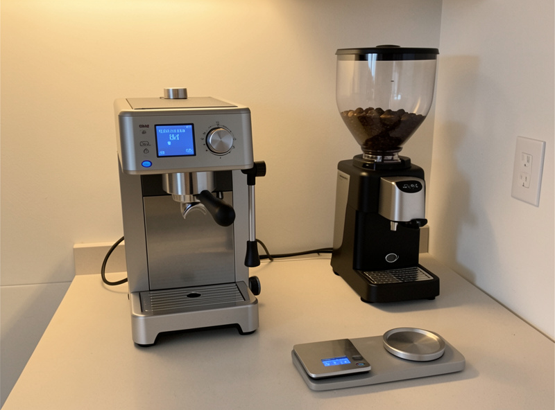 A compact espresso machine and a single-dose grinder on a narrow kitchen counter
