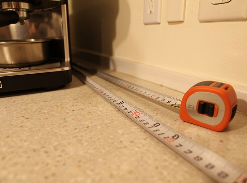 A tape measure on a kitchen counter measuring the depth available for an espresso machine