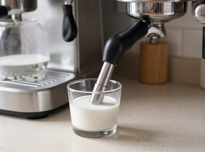 A detached espresso steam wand tip soaking in a small container of milk-cleaner solution on a counter