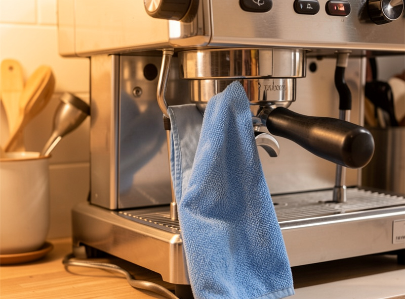 A dedicated blue microfibre cloth draped over an espresso machine beside the steam wand ready for wiping