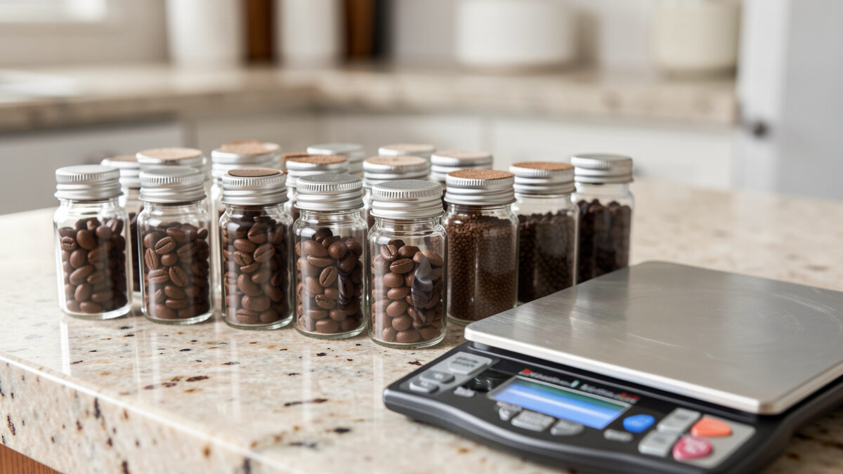 Pre-weighed single doses of espresso beans in glass vials beside a scale