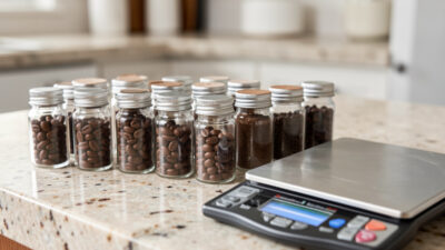 Pre-weighed single doses of espresso beans in glass vials beside a scale