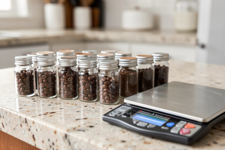 Pre-weighed single doses of espresso beans in glass vials beside a scale