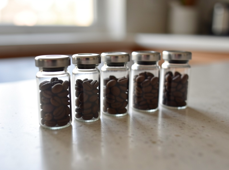 Pre-weighed single doses of espresso beans in small glass vials lined up on a counter