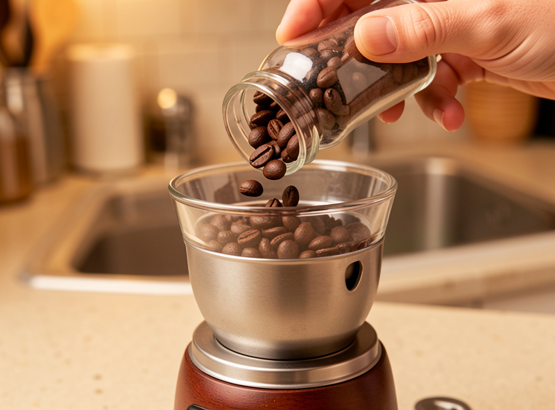 A frozen single dose of espresso beans being tipped straight into a single-dose grinder