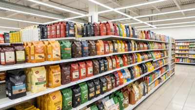 Supermarket coffee aisle shelf lined with bags of whole bean and ground coffee