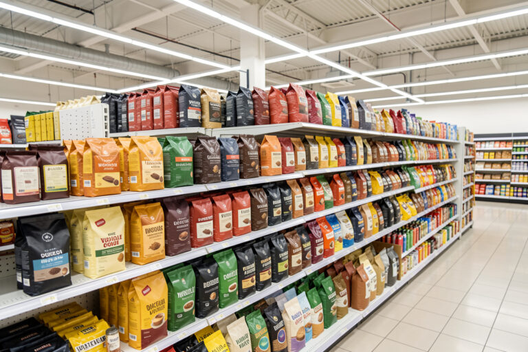 Supermarket coffee aisle shelf lined with bags of whole bean and ground coffee