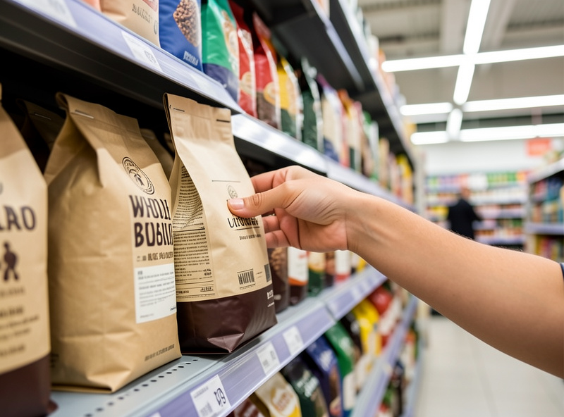 A supermarket coffee shelf lined with bags of whole bean and ground coffee