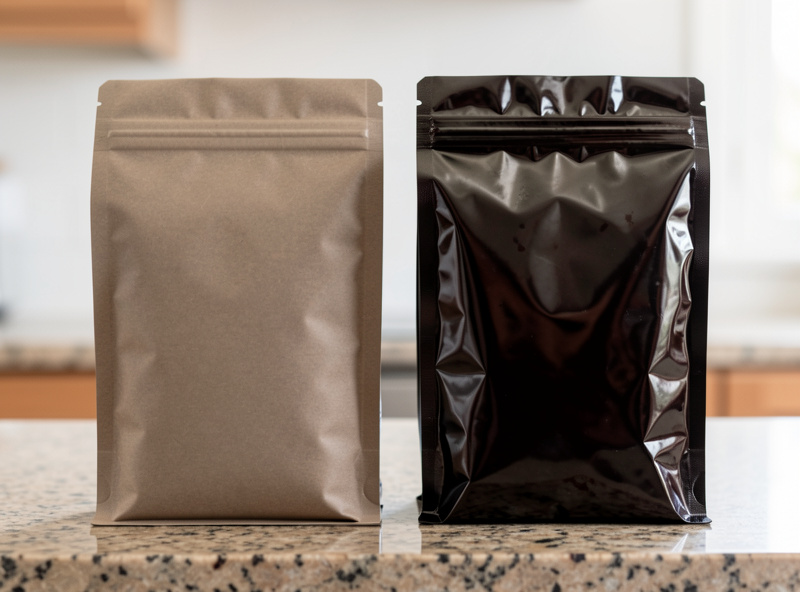 A comparison of a matte fresh whole bean coffee bag beside an oily dark supermarket bag