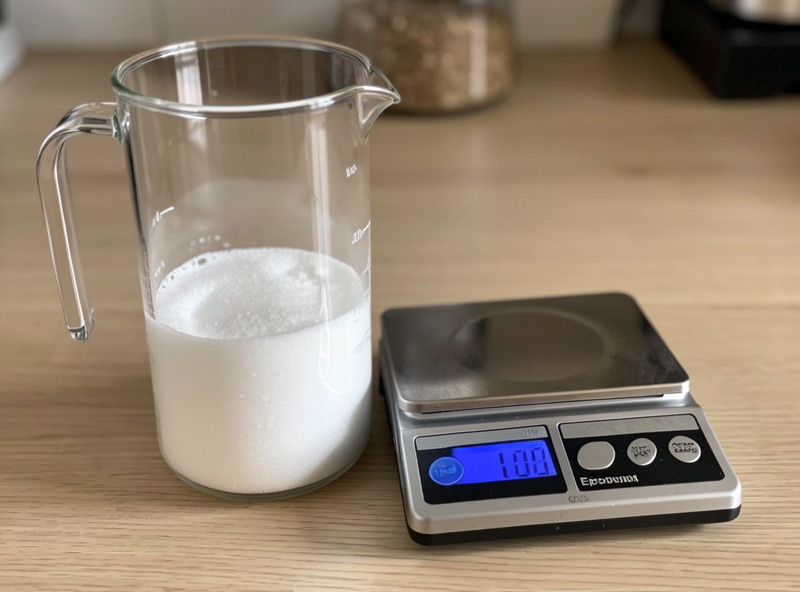 Distilled water jug, Epsom salt, and baking soda with a 0.1 gram scale set up for mixing espresso water