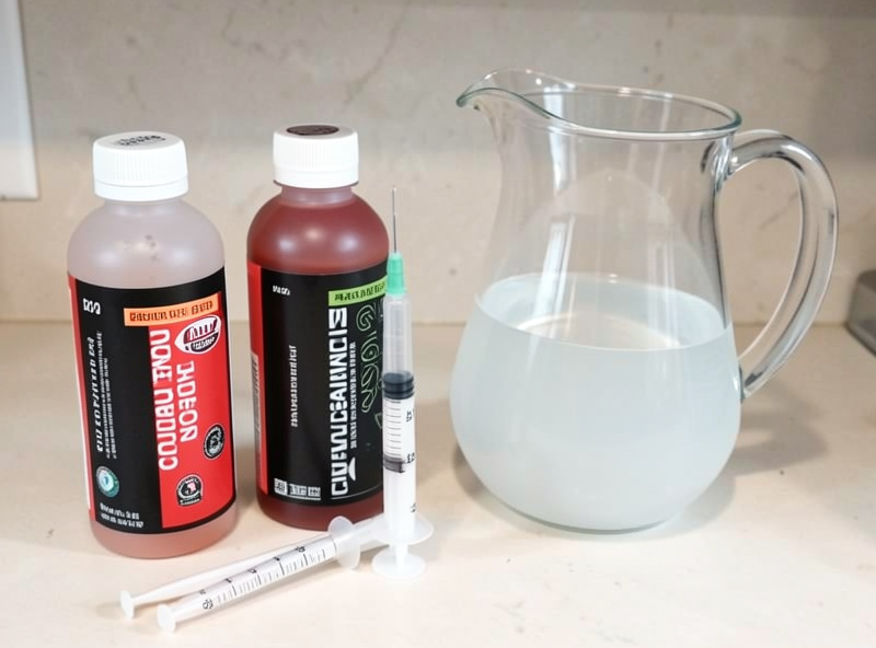 Two labeled concentrate bottles beside a measuring syringe and a jug of mixed espresso water