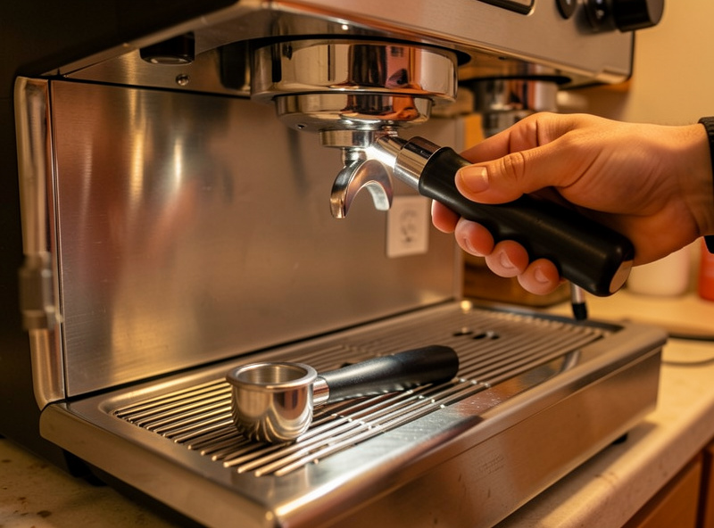 Hands inspecting the group head and portafilter of a used espresso machine on a kitchen counter