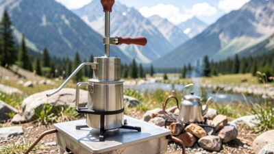 Direct-lever espresso press used outdoors beside a camp stove and kettle with mountains behind